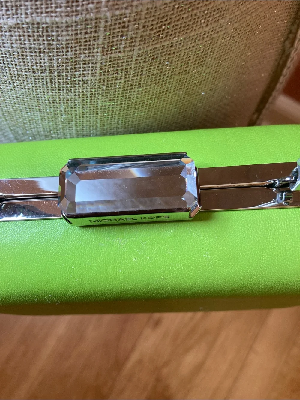 Michael Kors Lime Green Chain Strap Clutch with white bag protector